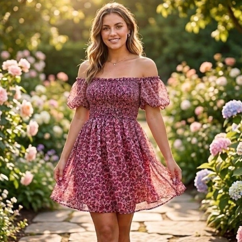 NWT Betsey Johnson Ditsy Floral Smocked Chiffon Babydoll Puff Sleeve Dress XL